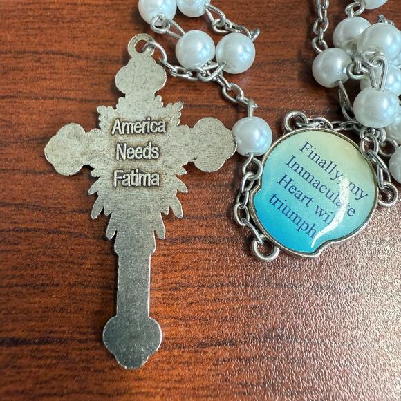 Fatima Rosary Crucifix INRI Jesus Faux Pearl Beads Catholic Christian w/Bag 21" - Picture 4 of 10